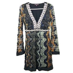 Hale Bob Dress Retro 70’s Bell Sleeve Lace Earth Tone  Tunic Mini Size XS